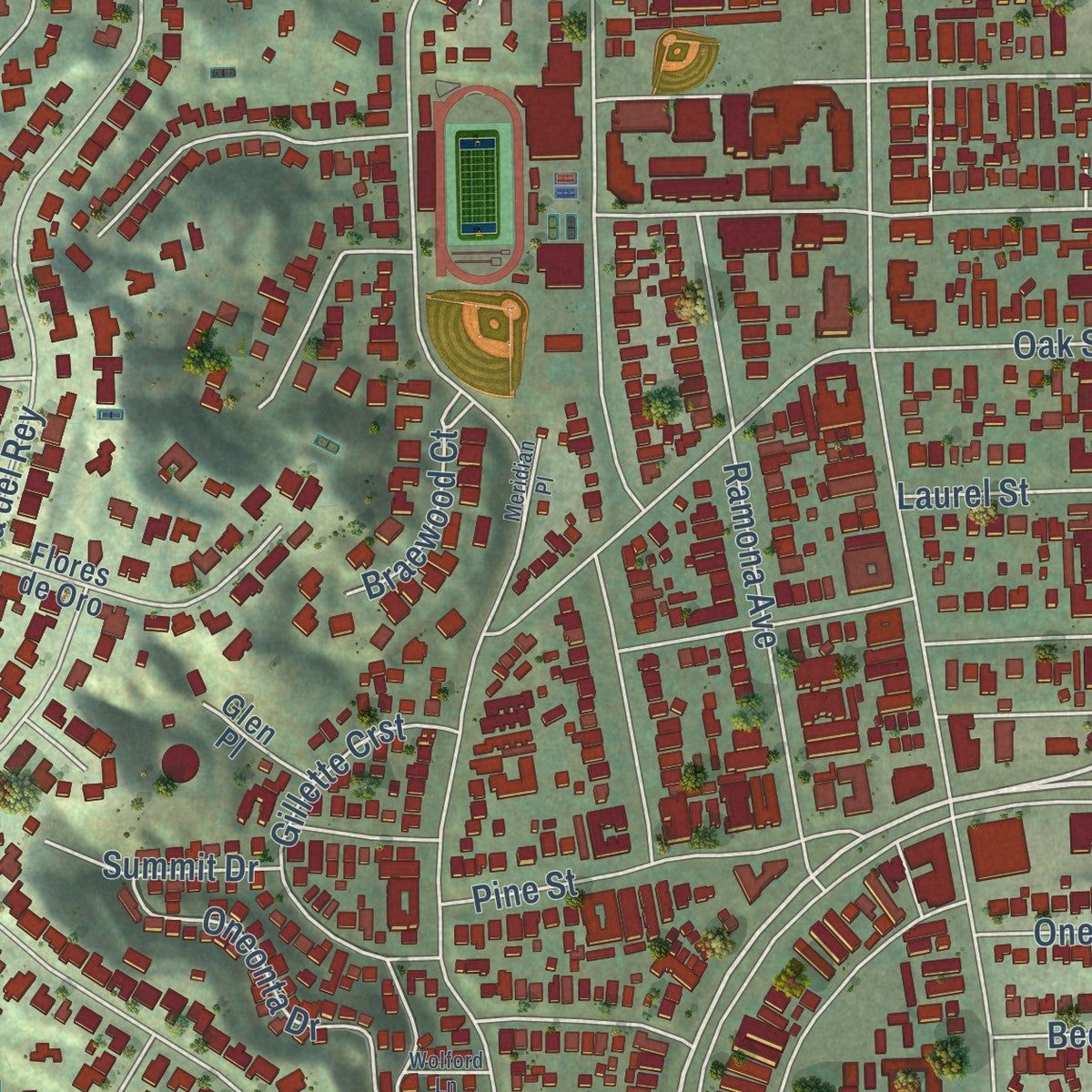 Second close-up of the map of South Pasadena, California print showing more streets and buildings