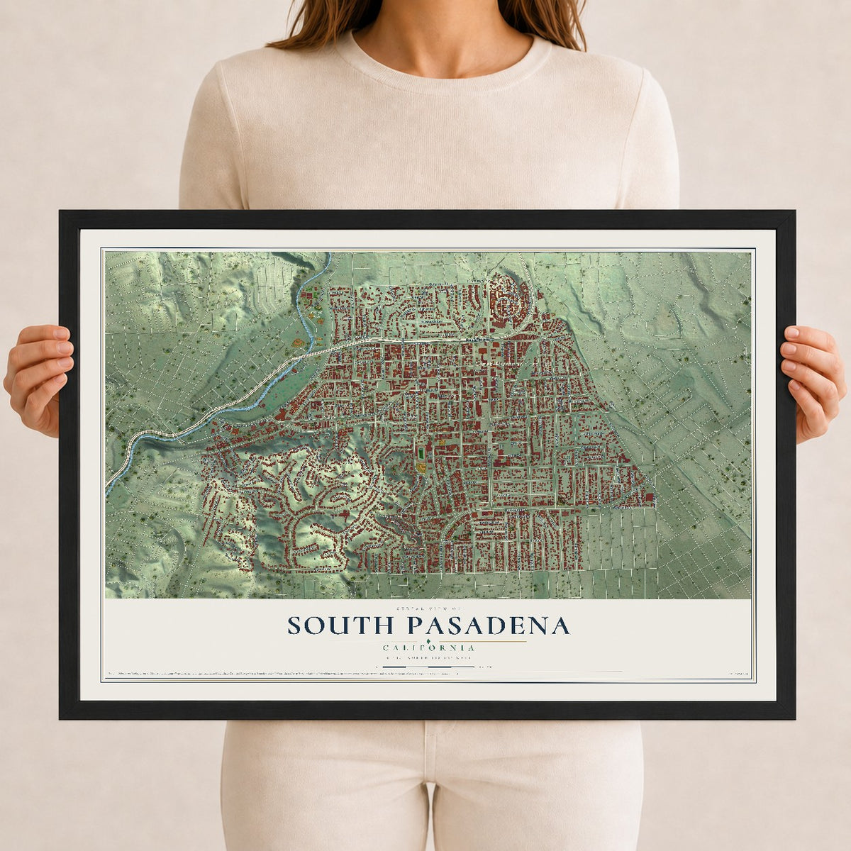 Map of South Pasadena, California, 12 x 18 inch print in a black wood frame