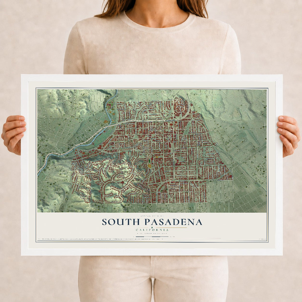 Map of South Pasadena, California, 12 x 18 inch print in a white wood frame