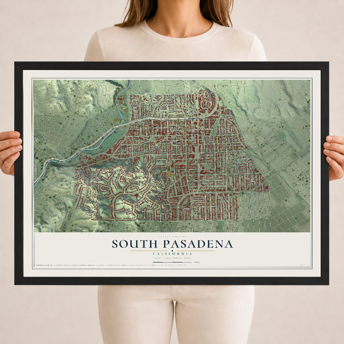 Map of South Pasadena, California, 18 x 24 inch print in a black wood frame