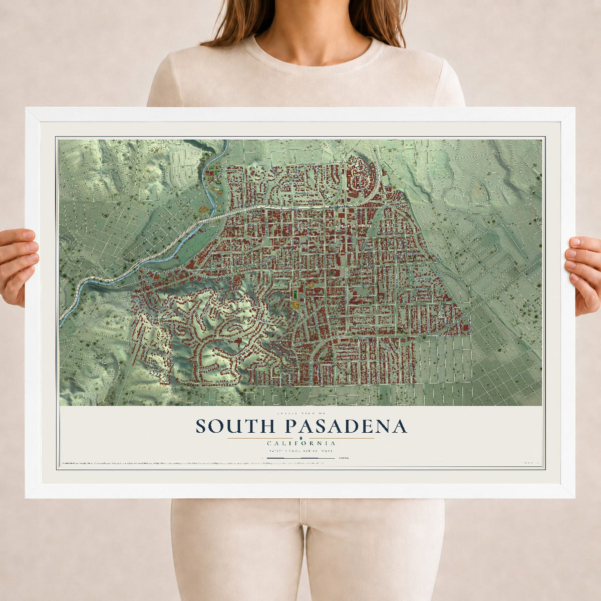 Map of South Pasadena, California, 18 x 24 inch print in a white wood frame