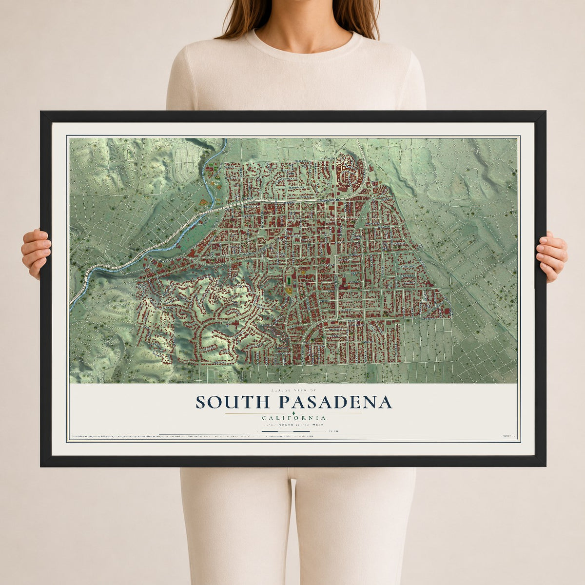 Map of South Pasadena, California, 24 x 36 inch print in a black wood frame