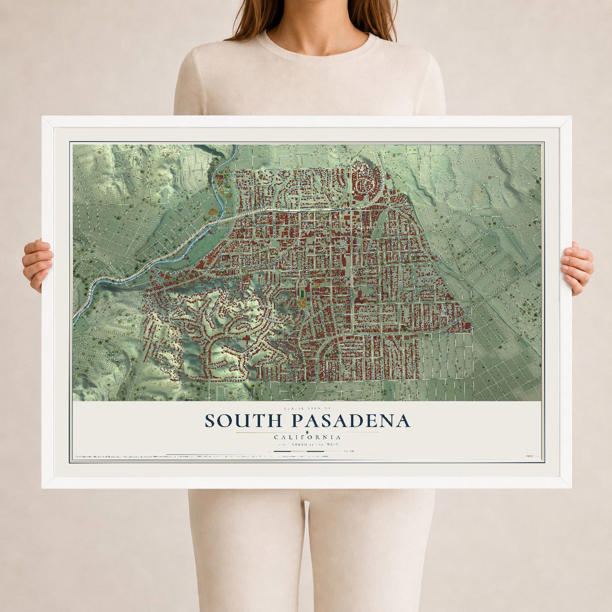 Map of South Pasadena, California, 24 x 36 inch print in a white wood frame