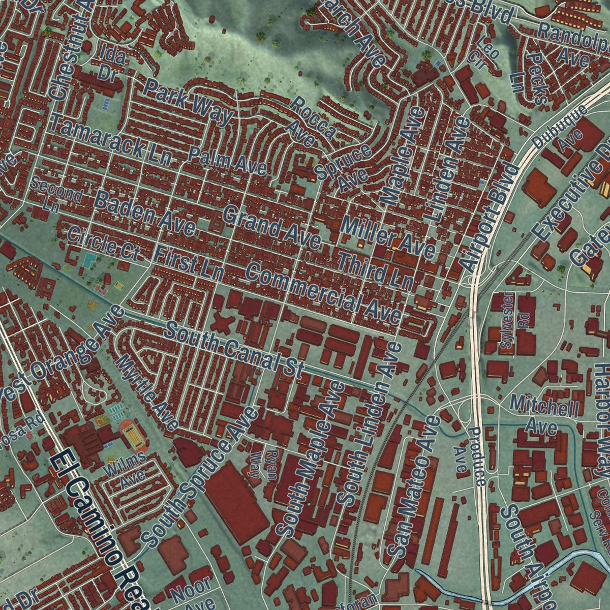 Close-up of the map of South San Francisco, California print showing street and building detail