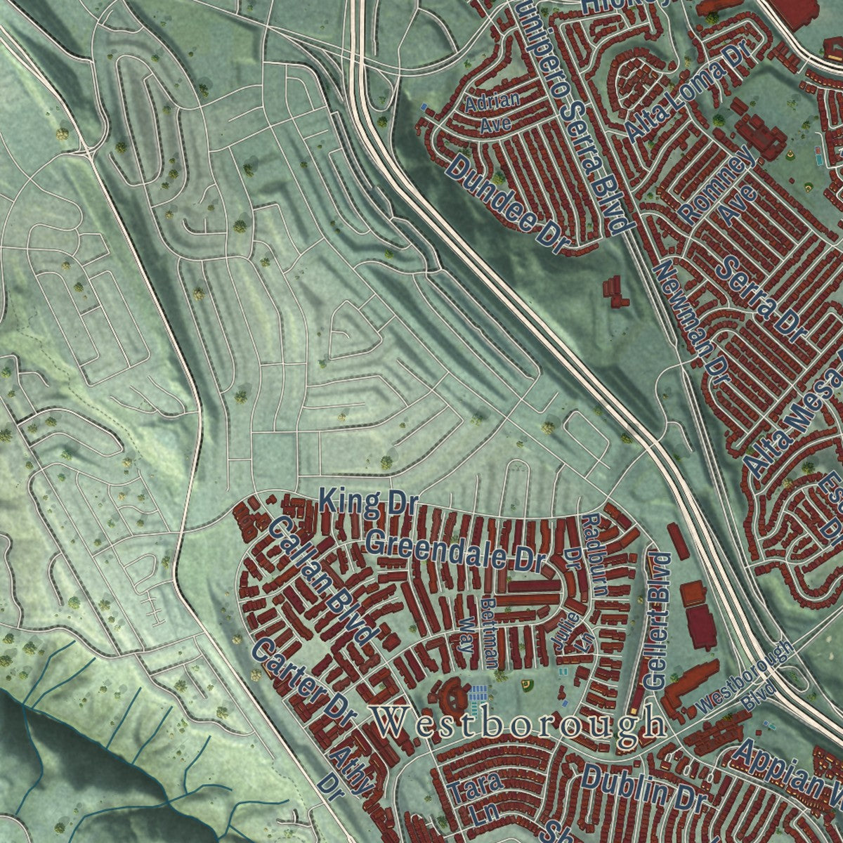 Second close-up of the map of South San Francisco, California print showing more streets and buildings