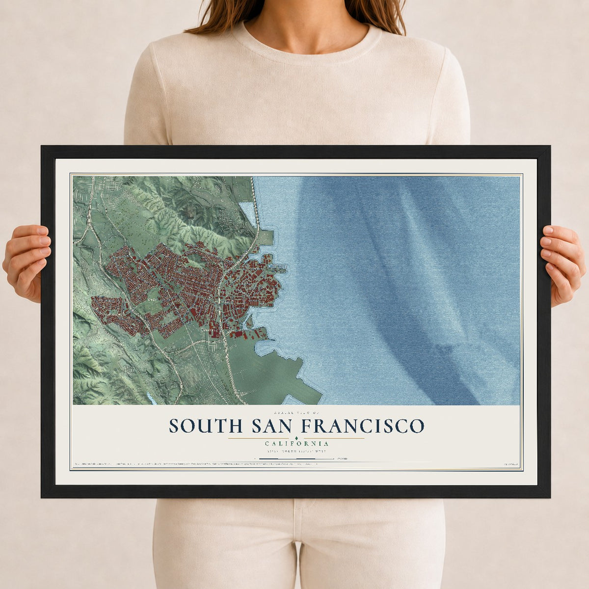 Map of South San Francisco, California, 12 x 18 inch print in a black wood frame