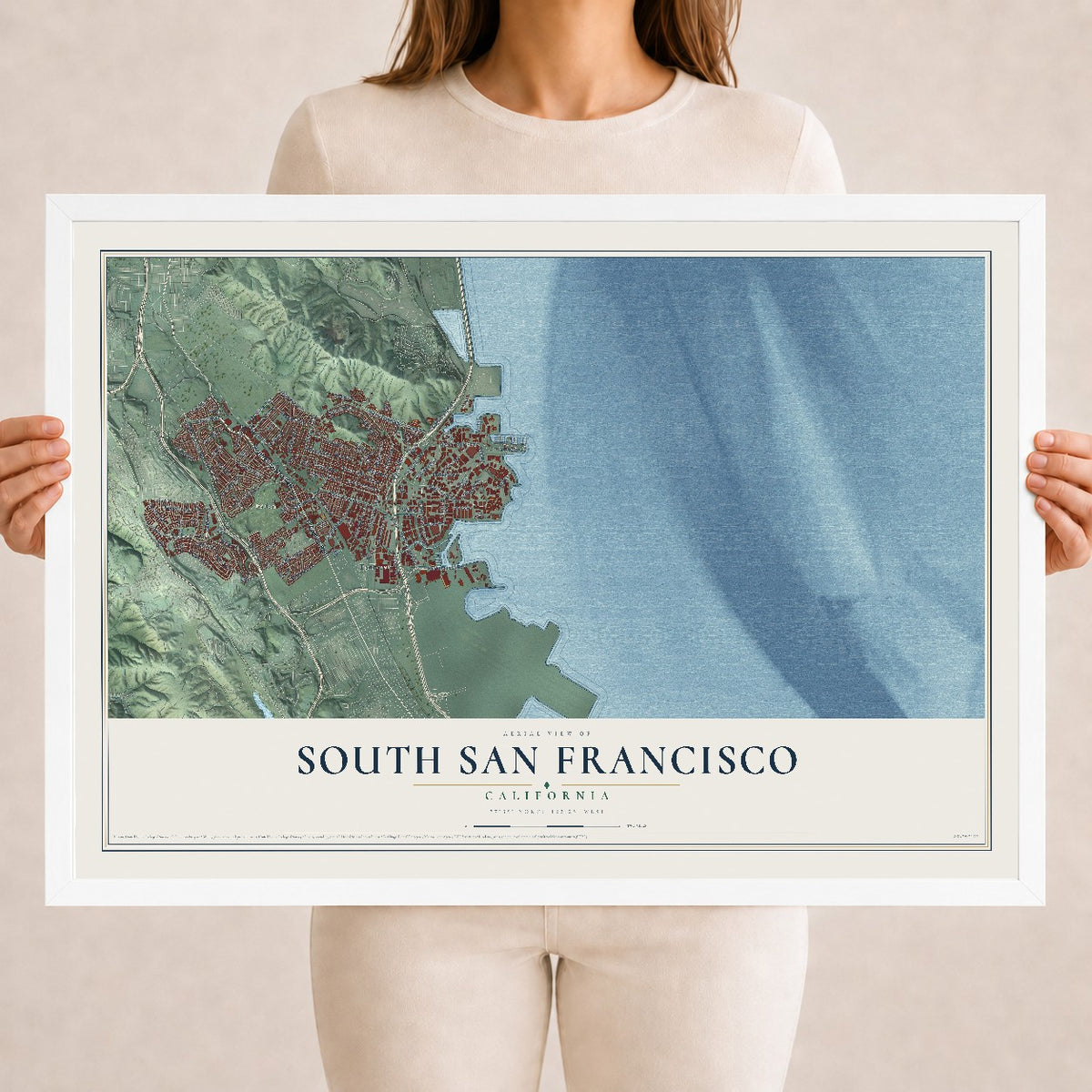 Map of South San Francisco, California, 18 x 24 inch print in a white wood frame