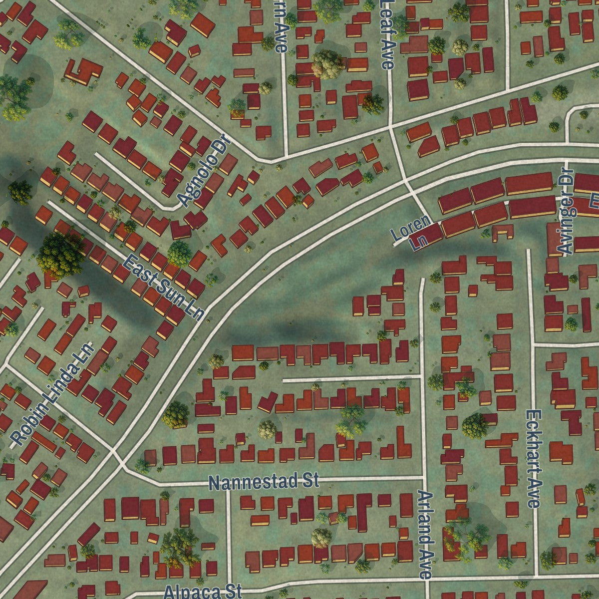 Close-up of the map of South San Gabriel, California print showing street and building detail