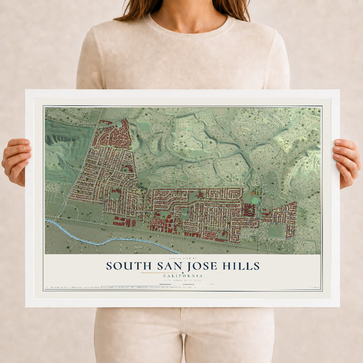 Map of South San Jose Hills, California, 12 x 18 inch print in a white wood frame