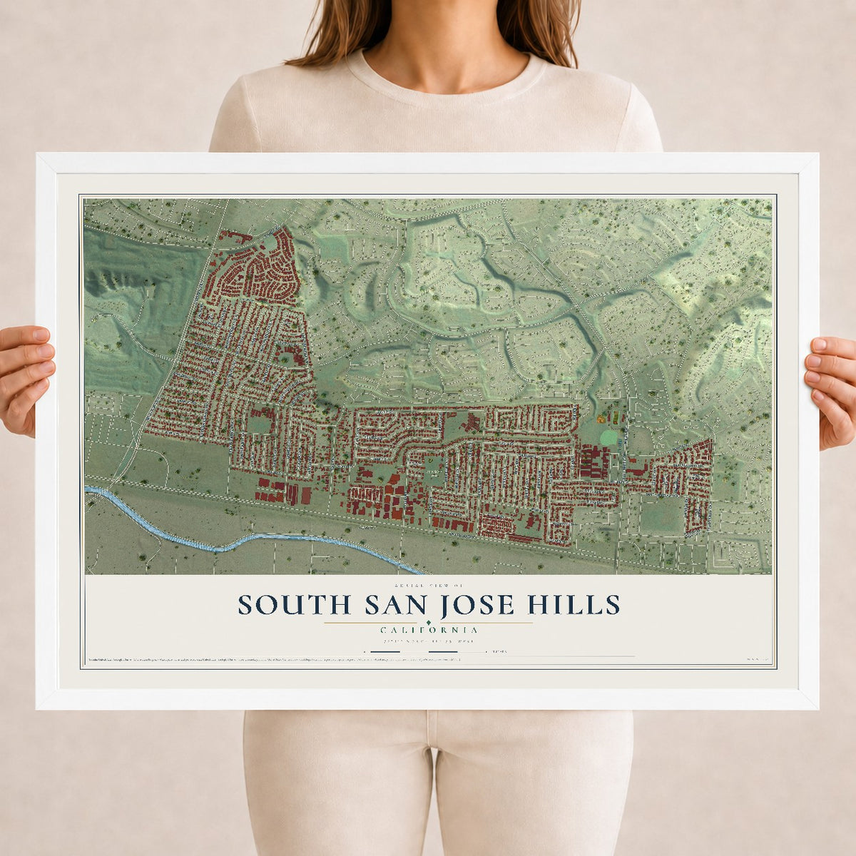 Map of South San Jose Hills, California, 18 x 24 inch print in a white wood frame