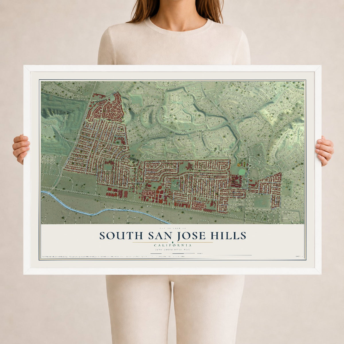 Map of South San Jose Hills, California, 24 x 36 inch print in a white wood frame