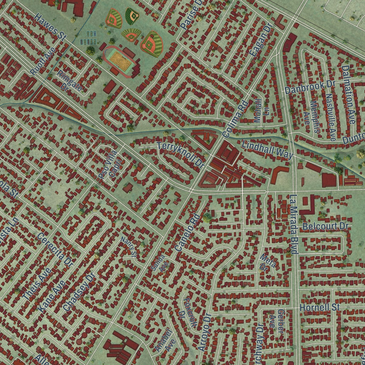 Close-up of the map of South Whittier, California print showing street and building detail