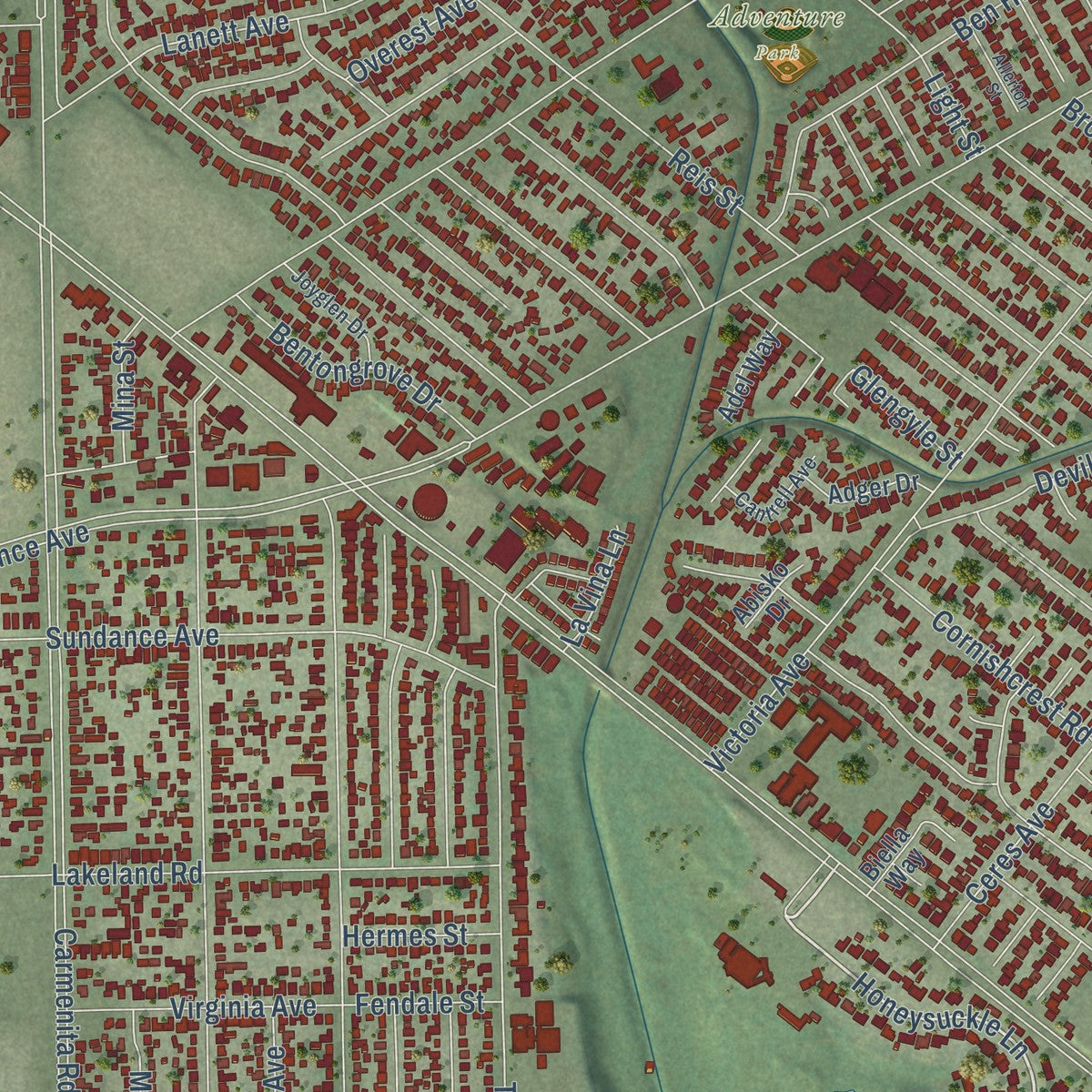 Second close-up of the map of South Whittier, California print showing more streets and buildings