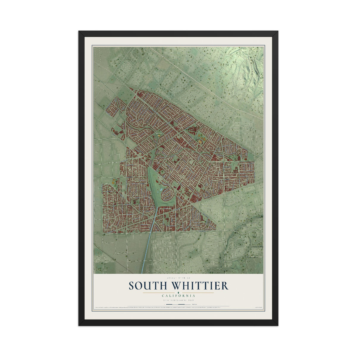 Map of South Whittier, California, 12 x 18 inch print in a black wood frame