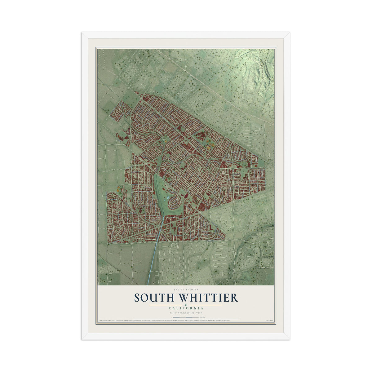 Map of South Whittier, California, 12 x 18 inch print in a white wood frame