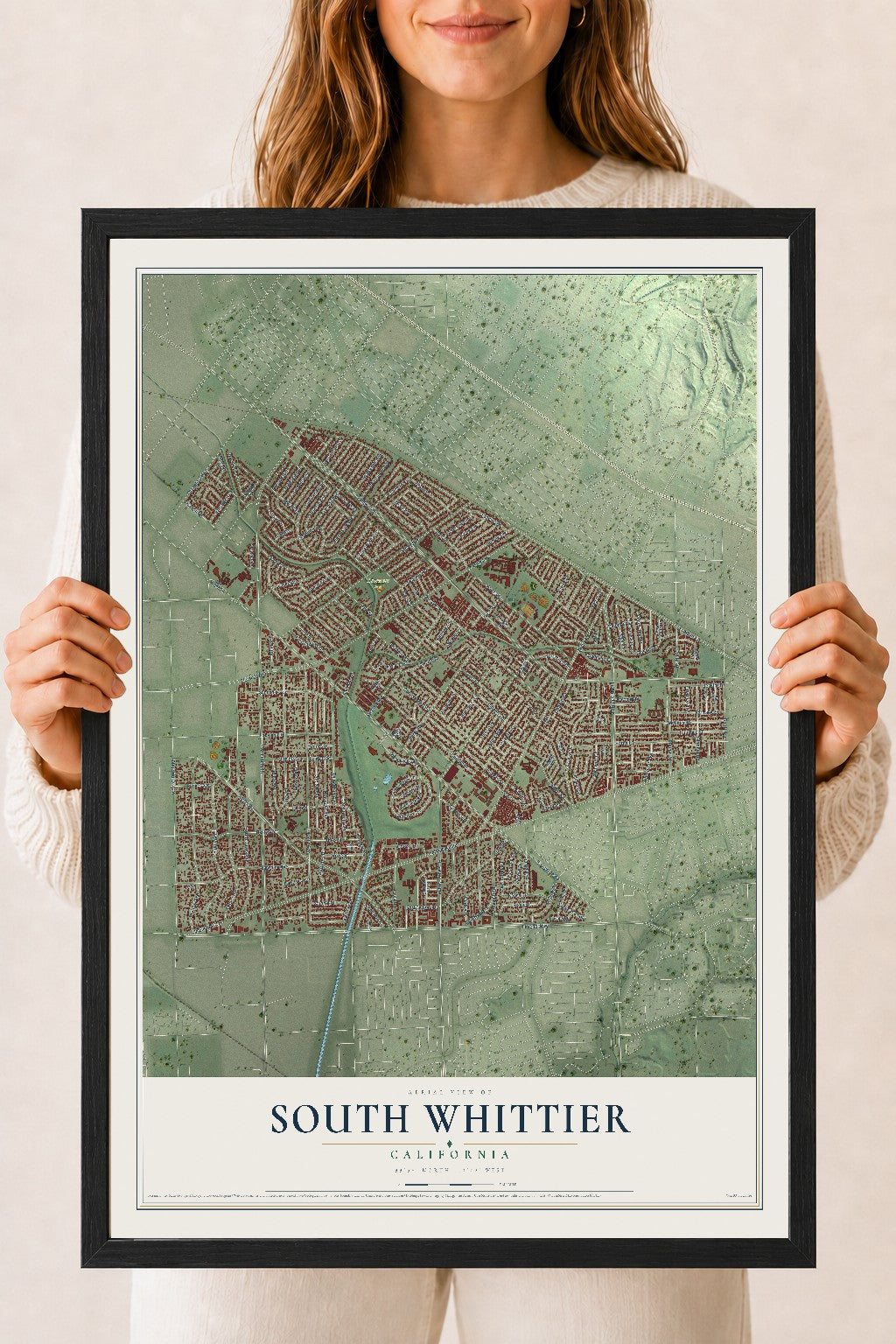 Map of South Whittier, California, 18 x 24 inch print in a black wood frame