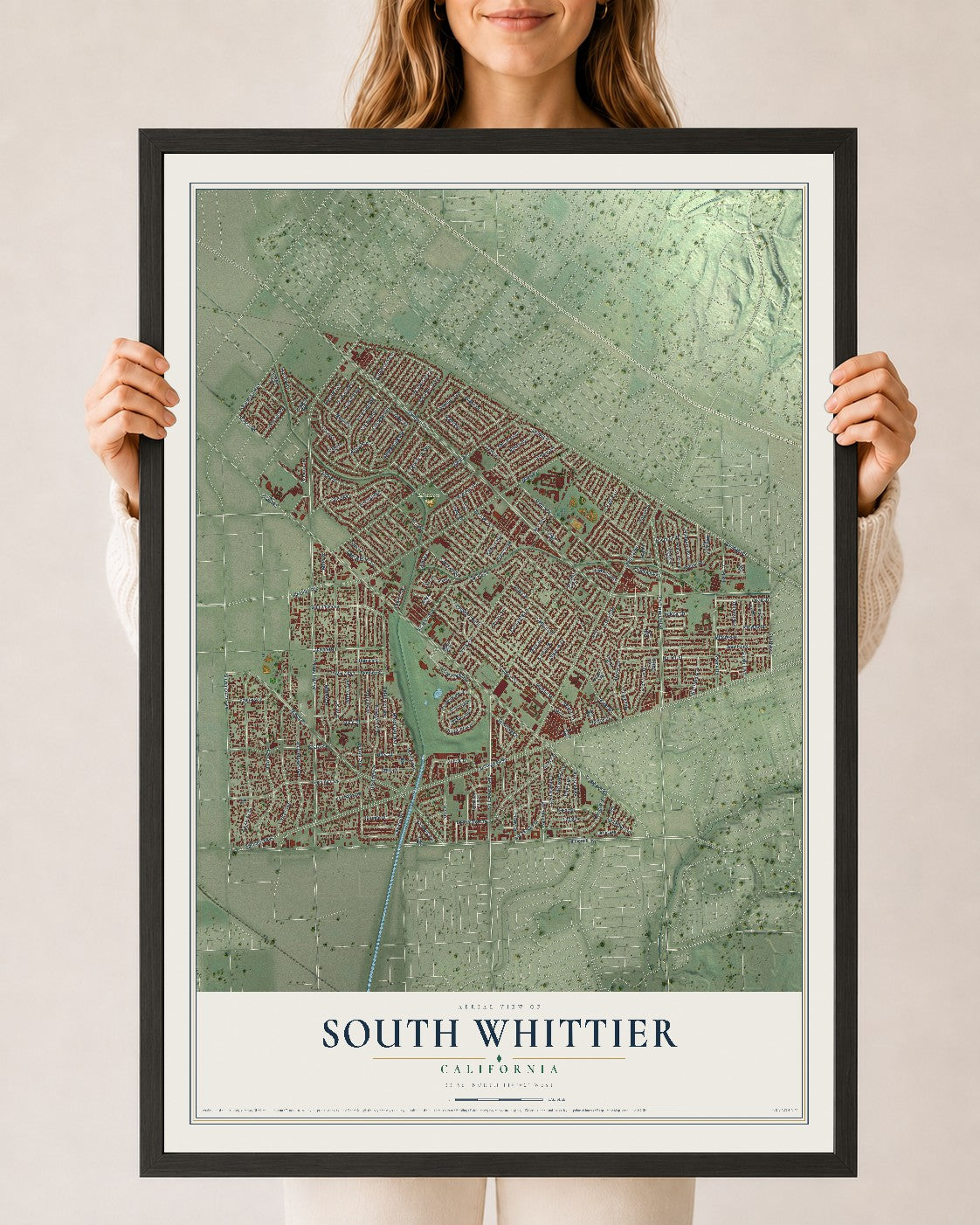 Map of South Whittier, California, 24 x 36 inch print in a black wood frame