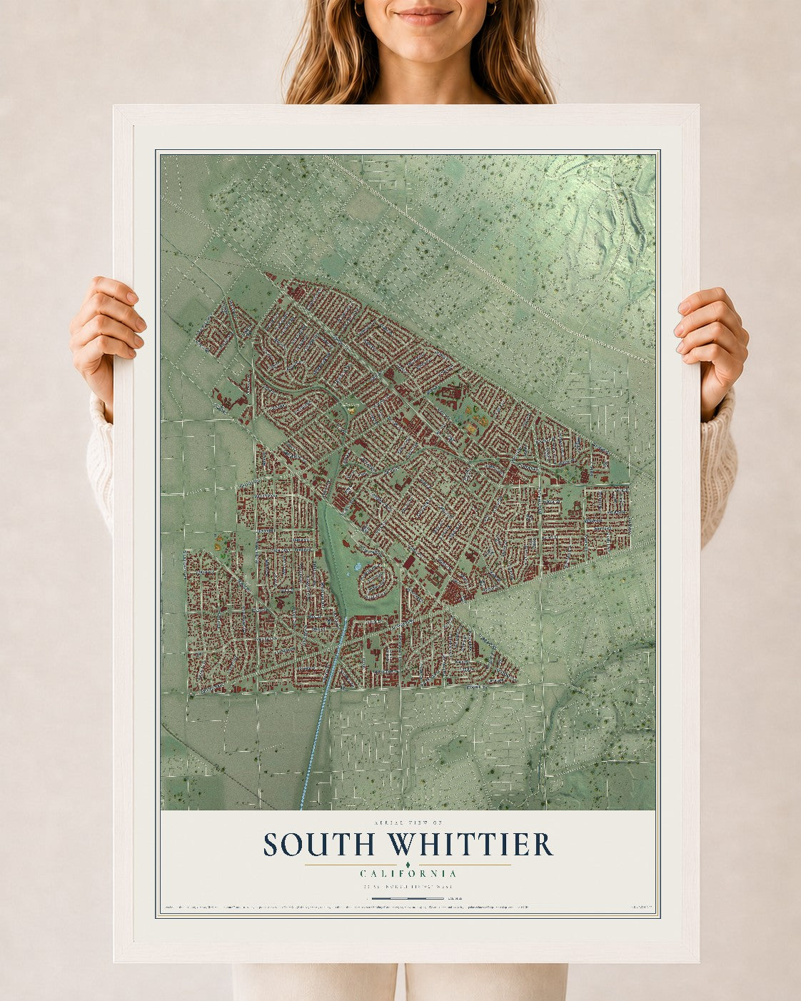 Map of South Whittier, California, 24 x 36 inch print in a white wood frame