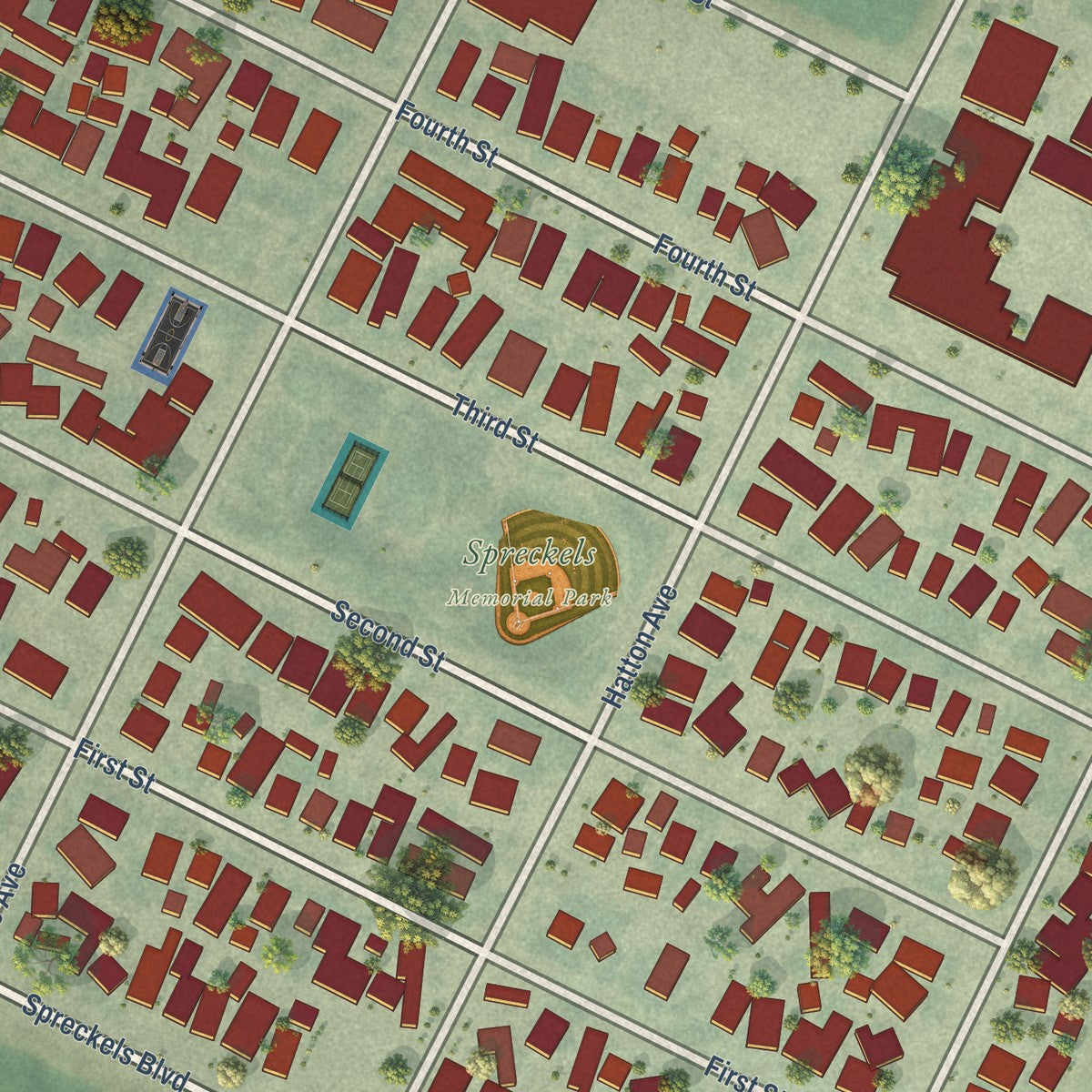 Close-up of the map of Spreckels, California print showing street and building detail