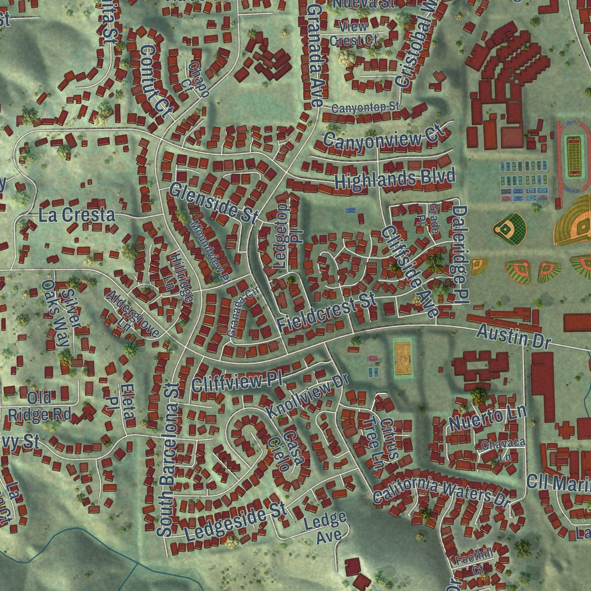 Close-up of the map of Spring Valley, California print showing street and building detail