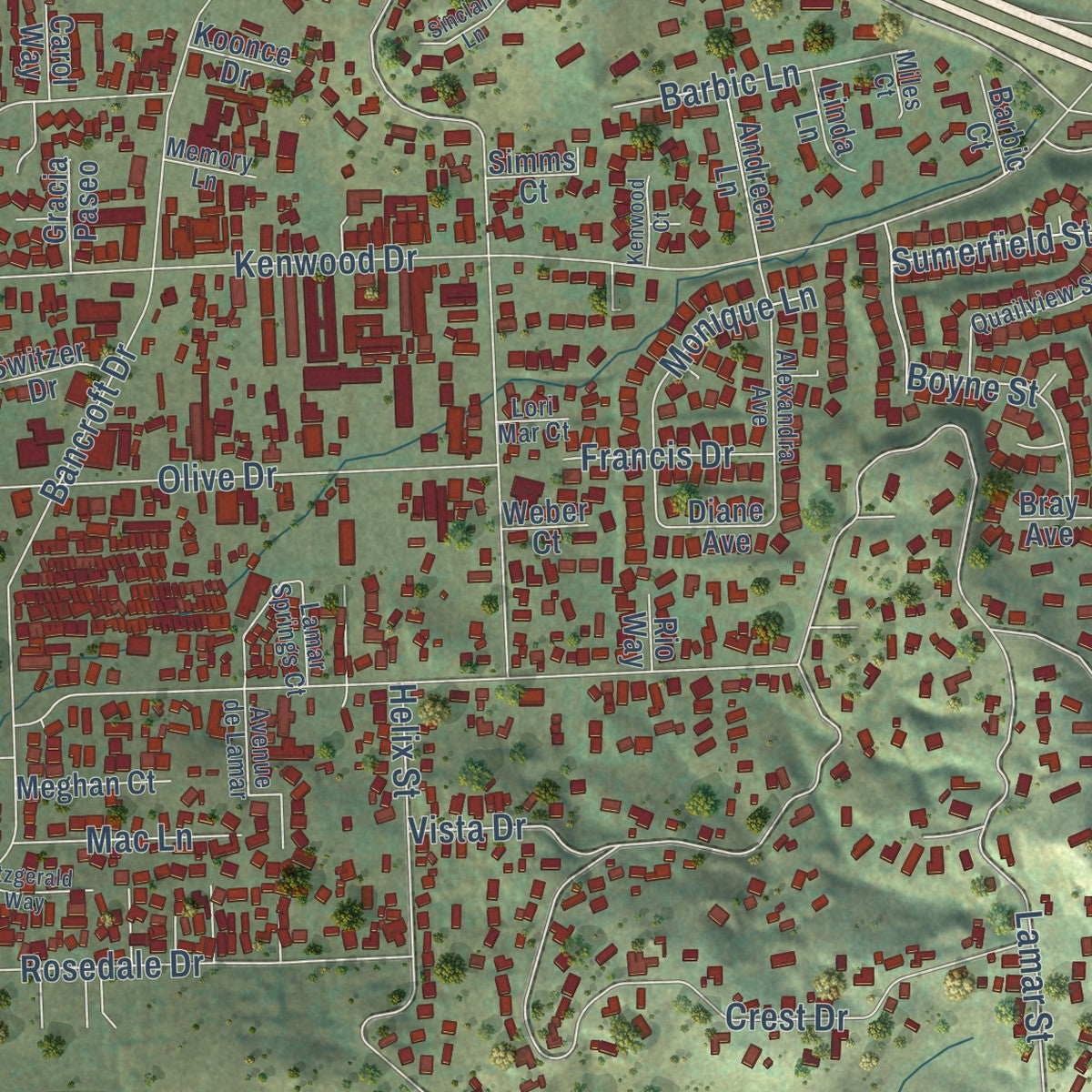 Second close-up of the map of Spring Valley, California print showing more streets and buildings
