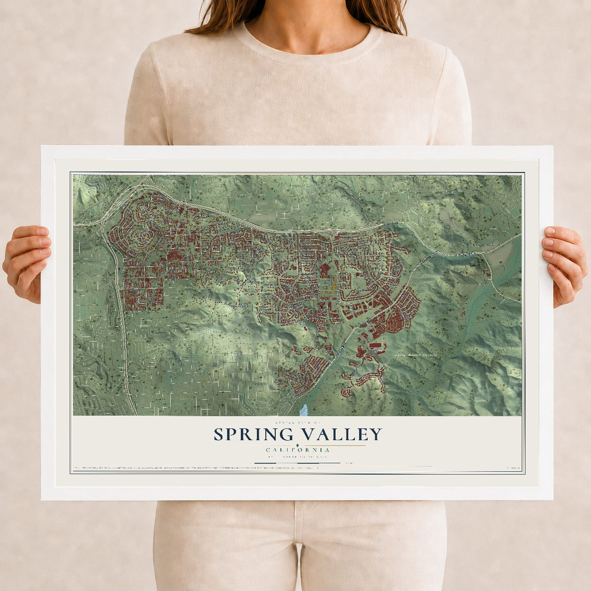 Map of Spring Valley, California, 12 x 18 inch print in a white wood frame