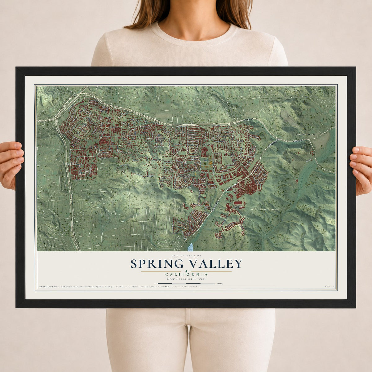Map of Spring Valley, California, 18 x 24 inch print in a black wood frame