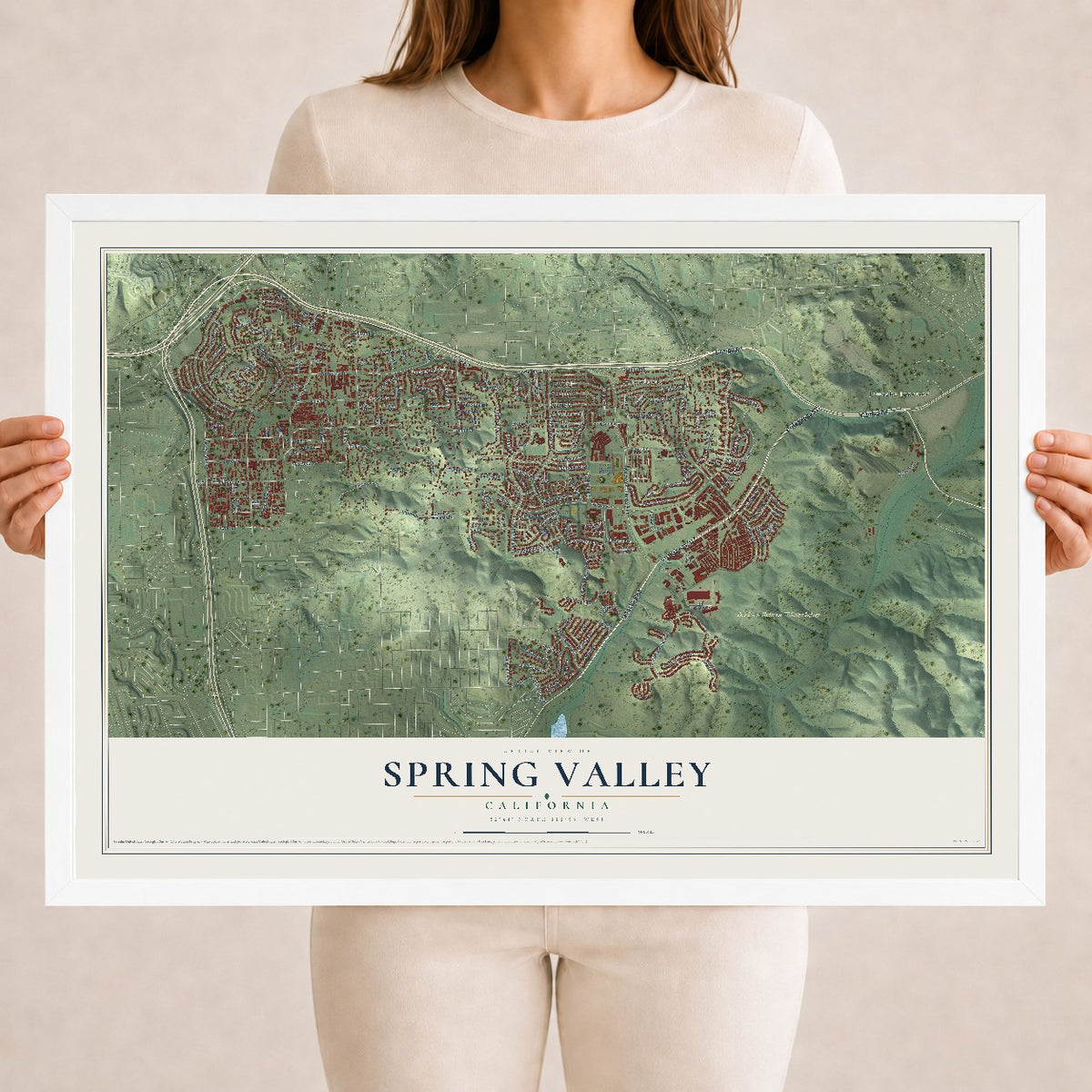 Map of Spring Valley, California, 18 x 24 inch print in a white wood frame