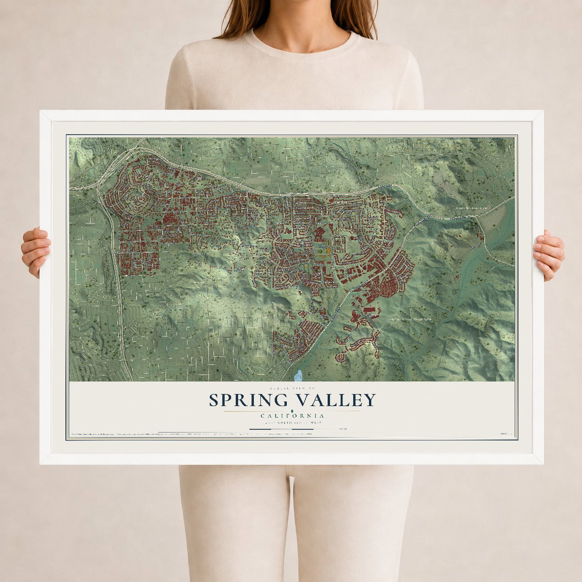 Map of Spring Valley, California, 24 x 36 inch print in a white wood frame
