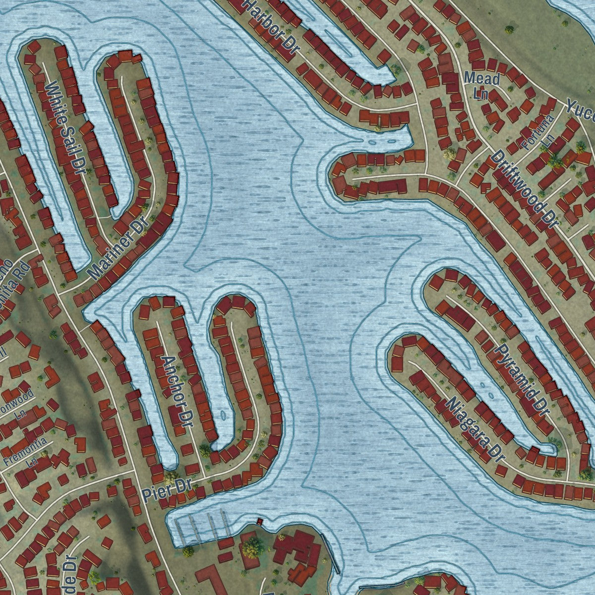 Close-up of the map of Spring Valley Lake, California print showing street and building detail