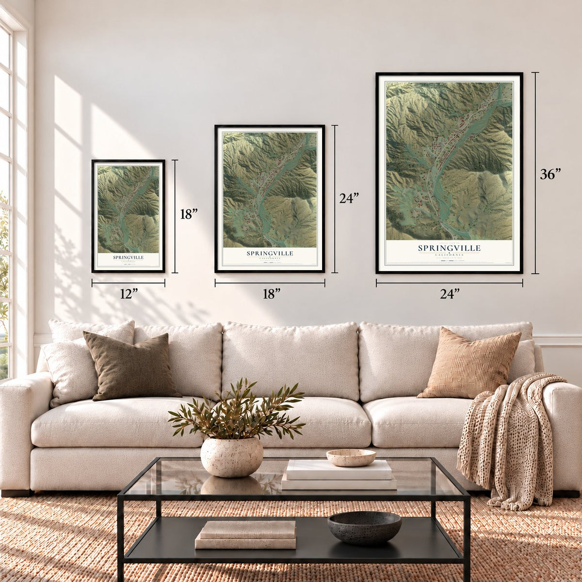 Springville, California map in 12 x 18, 18 x 24 and 24 x 36 inch sizes above a sofa