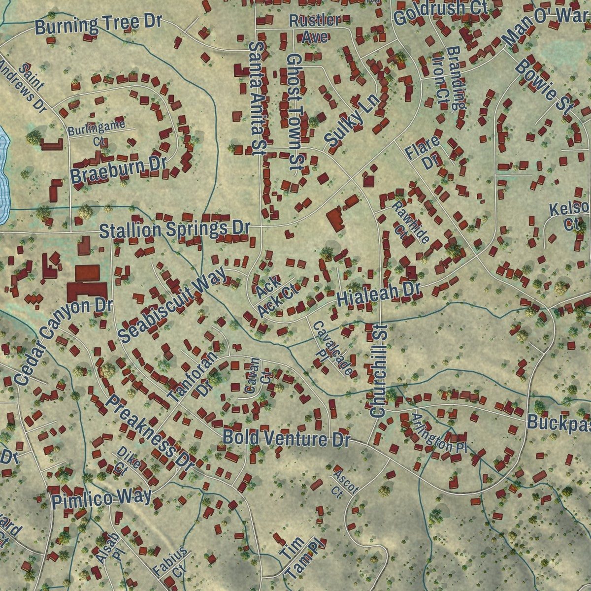 Close-up of the map of Stallion Springs, California print showing street and building detail