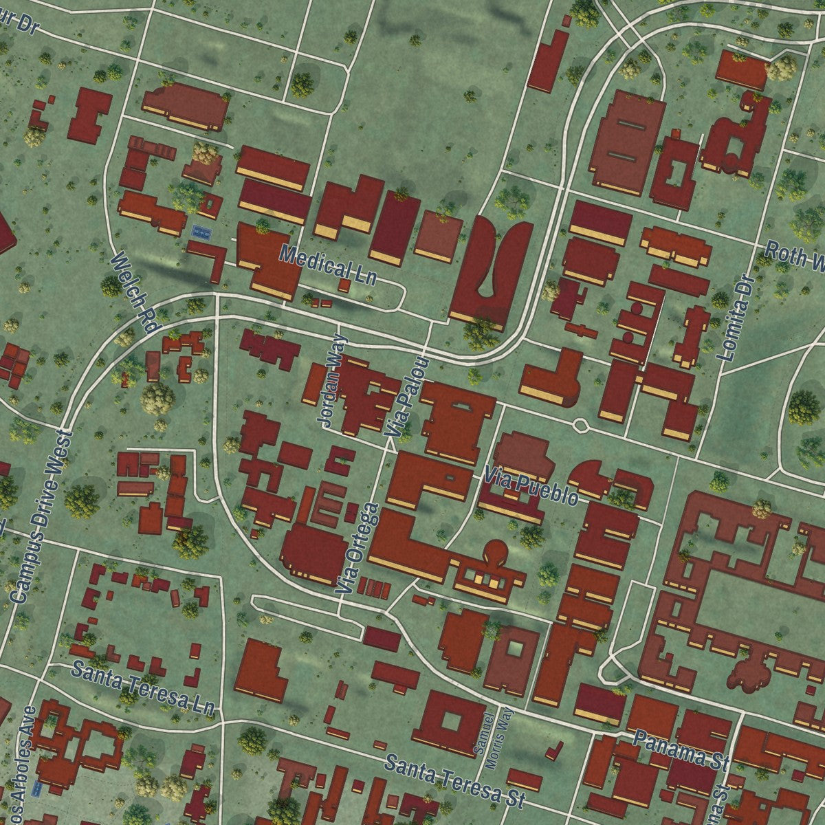 Second close-up of the map of Stanford, California print showing more streets and buildings