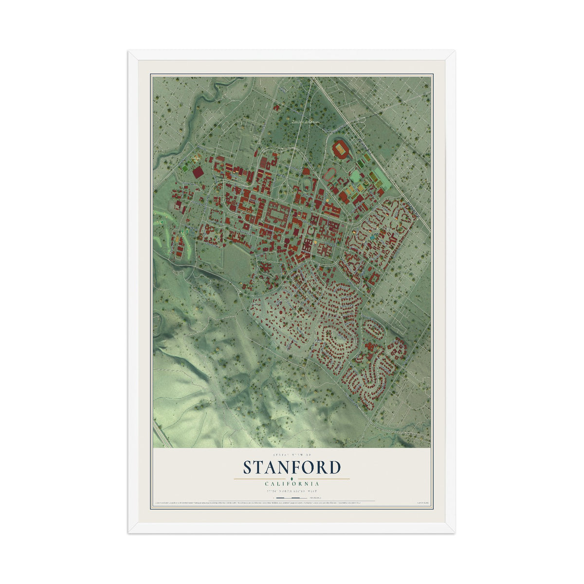 Map of Stanford, California, 12 x 18 inch print in a white wood frame