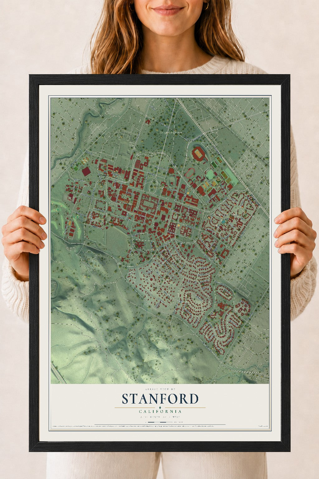 Map of Stanford, California, 18 x 24 inch print in a black wood frame