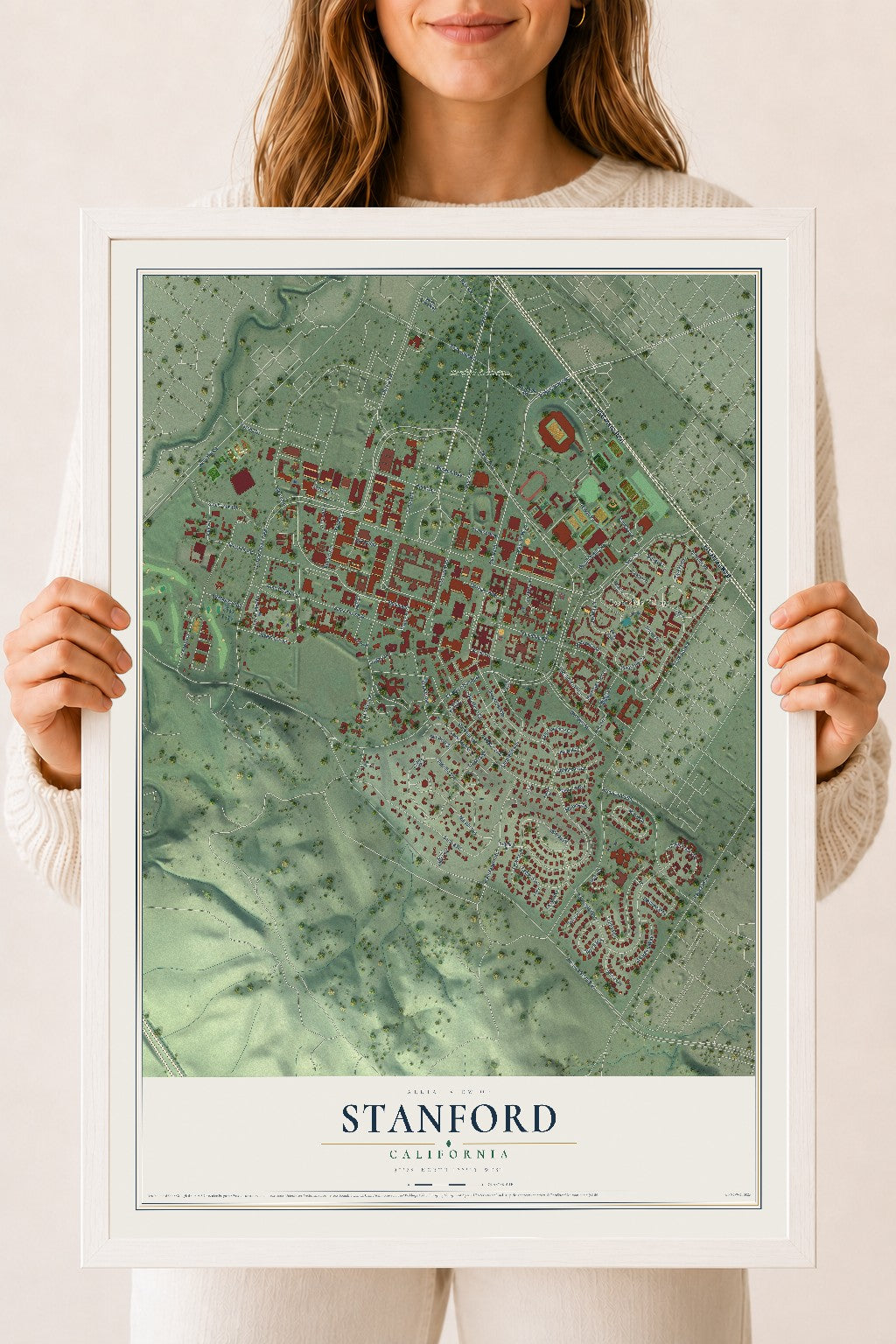 Map of Stanford, California, 18 x 24 inch print in a white wood frame