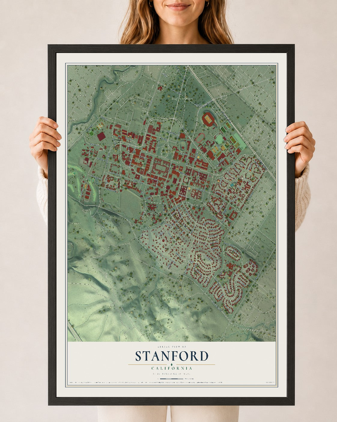 Map of Stanford, California, 24 x 36 inch print in a black wood frame