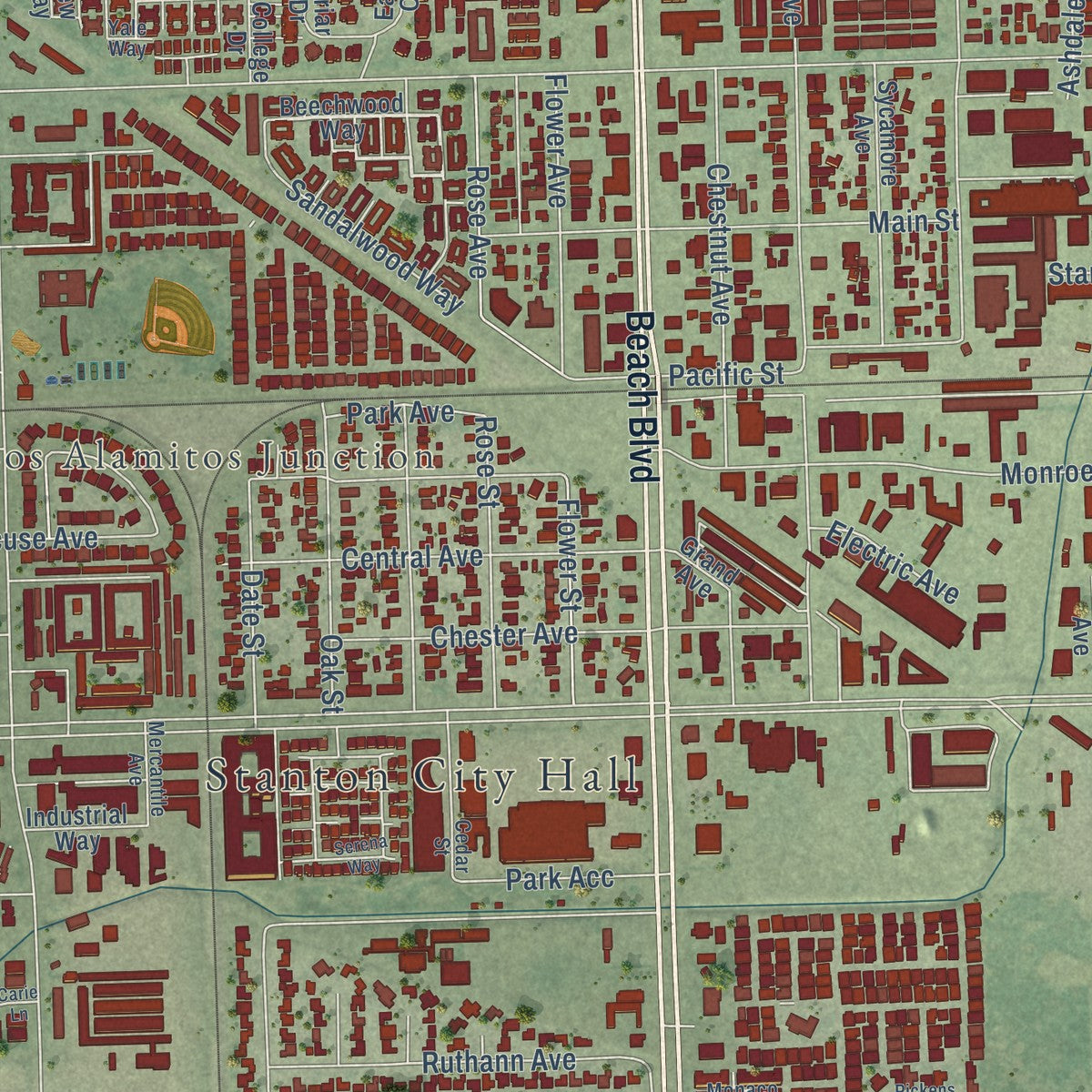 Close-up of the map of Stanton, California print showing street and building detail
