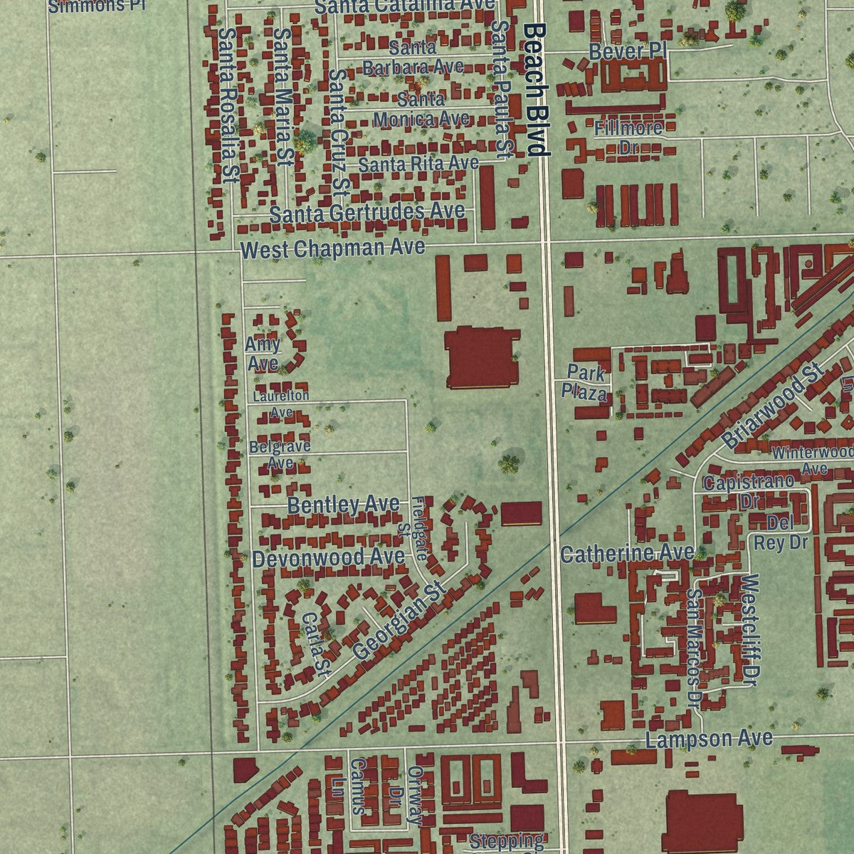 Second close-up of the map of Stanton, California print showing more streets and buildings