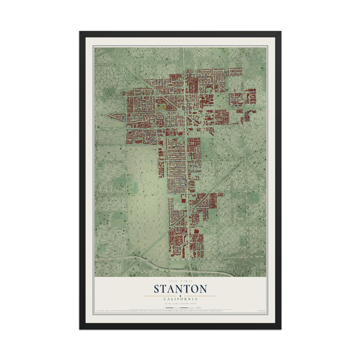 Map of Stanton, California, 12 x 18 inch print in a black wood frame