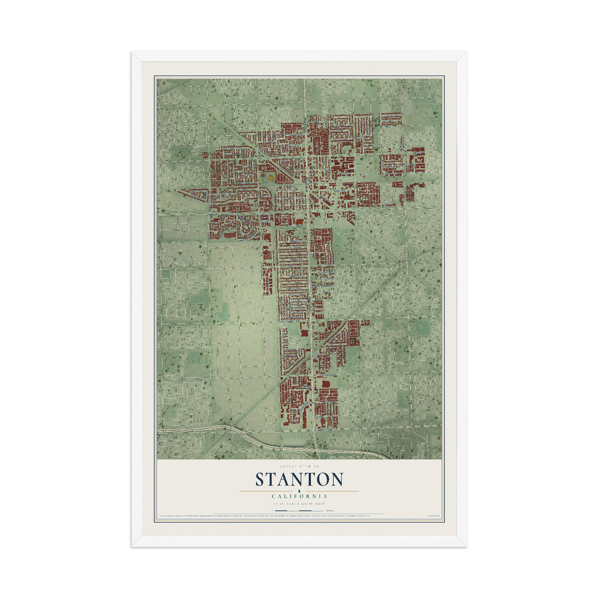Map of Stanton, California, 12 x 18 inch print in a white wood frame