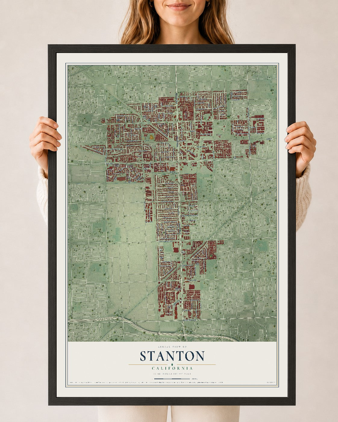 Map of Stanton, California, 24 x 36 inch print in a black wood frame