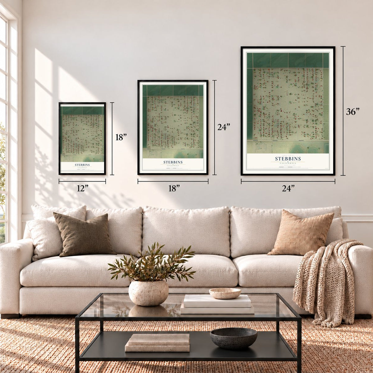 Stebbins, California map in 12 x 18, 18 x 24 and 24 x 36 inch sizes above a sofa