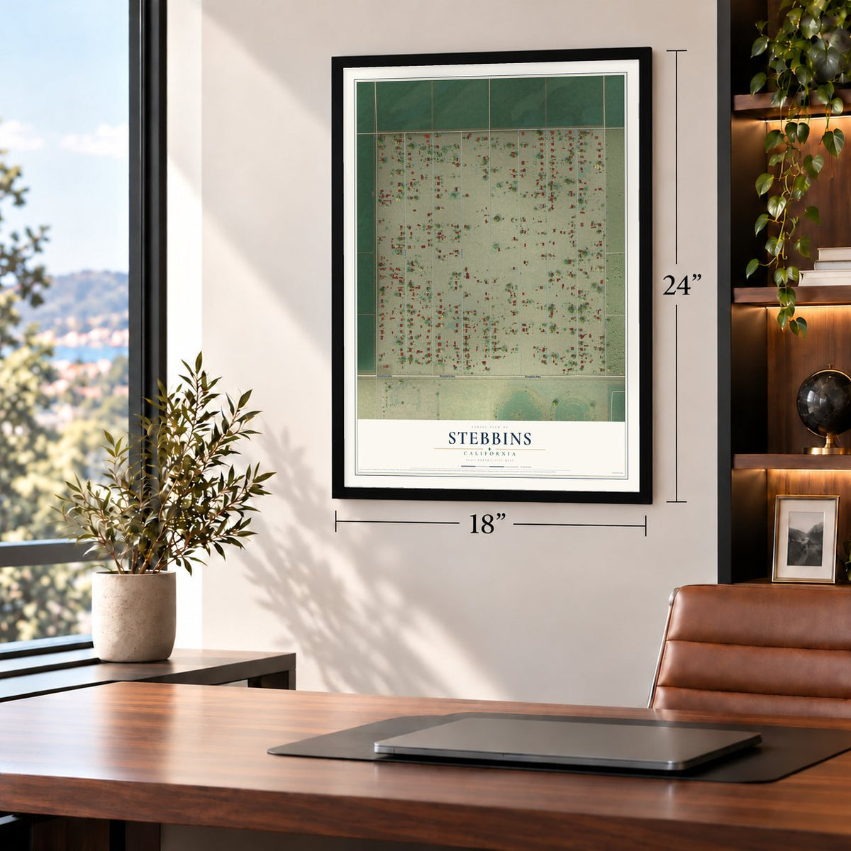 Stebbins, California map, 18 x 24 inch print in a black frame in a home office