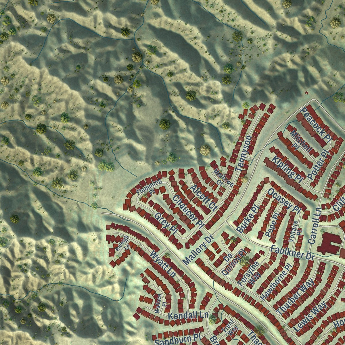 Close-up of the map of Stevenson Ranch, California print showing street and building detail