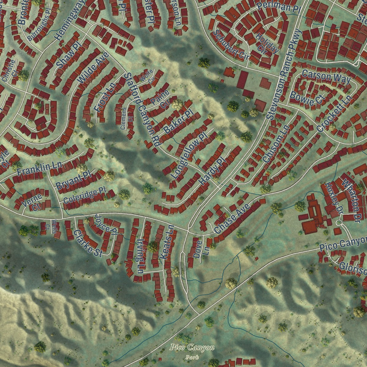Second close-up of the map of Stevenson Ranch, California print showing more streets and buildings