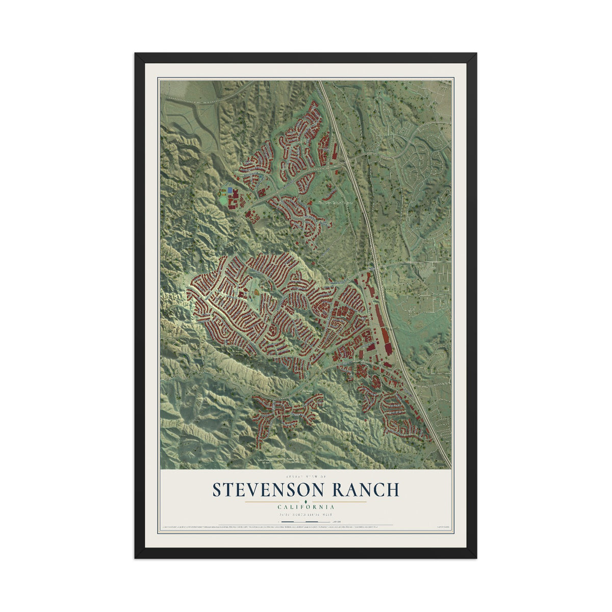 Map of Stevenson Ranch, California, 12 x 18 inch print in a black wood frame