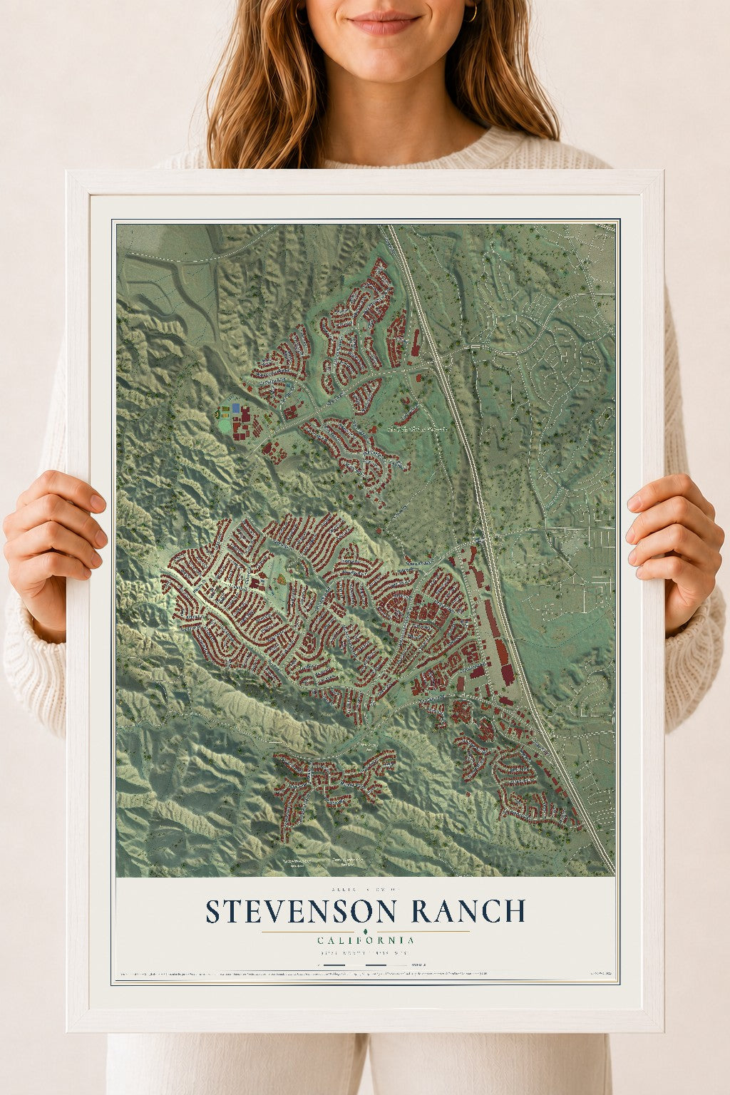 Map of Stevenson Ranch, California, 18 x 24 inch print in a white wood frame