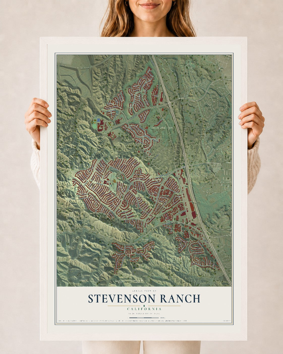 Map of Stevenson Ranch, California, 24 x 36 inch print in a white wood frame