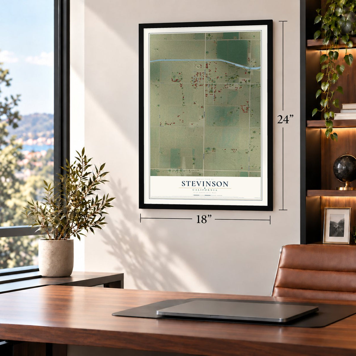 Stevinson, California map, 18 x 24 inch print in a black frame in a home office